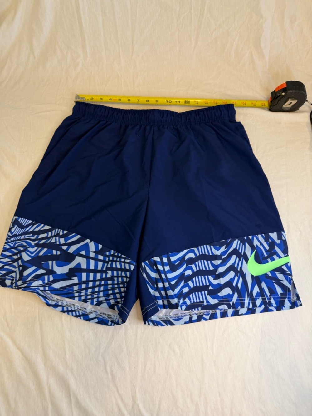 Nike Men's Navy Athletic Shorts with Blue Zebra-Print and Lime Swoosh